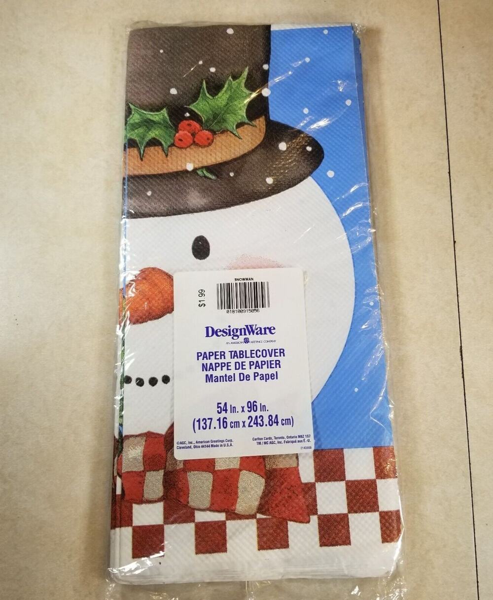Table Cover Vintage Sealed Christmas Snowman Tablecloth 54" x 96" Crepe Paper